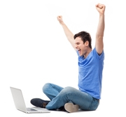 Winner using laptop